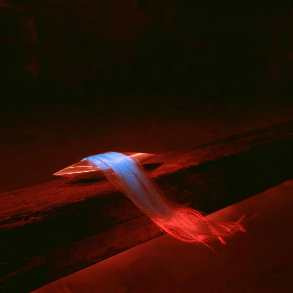 Abstract long exposure of blue and red light streaks moving over a dark wooden surface.