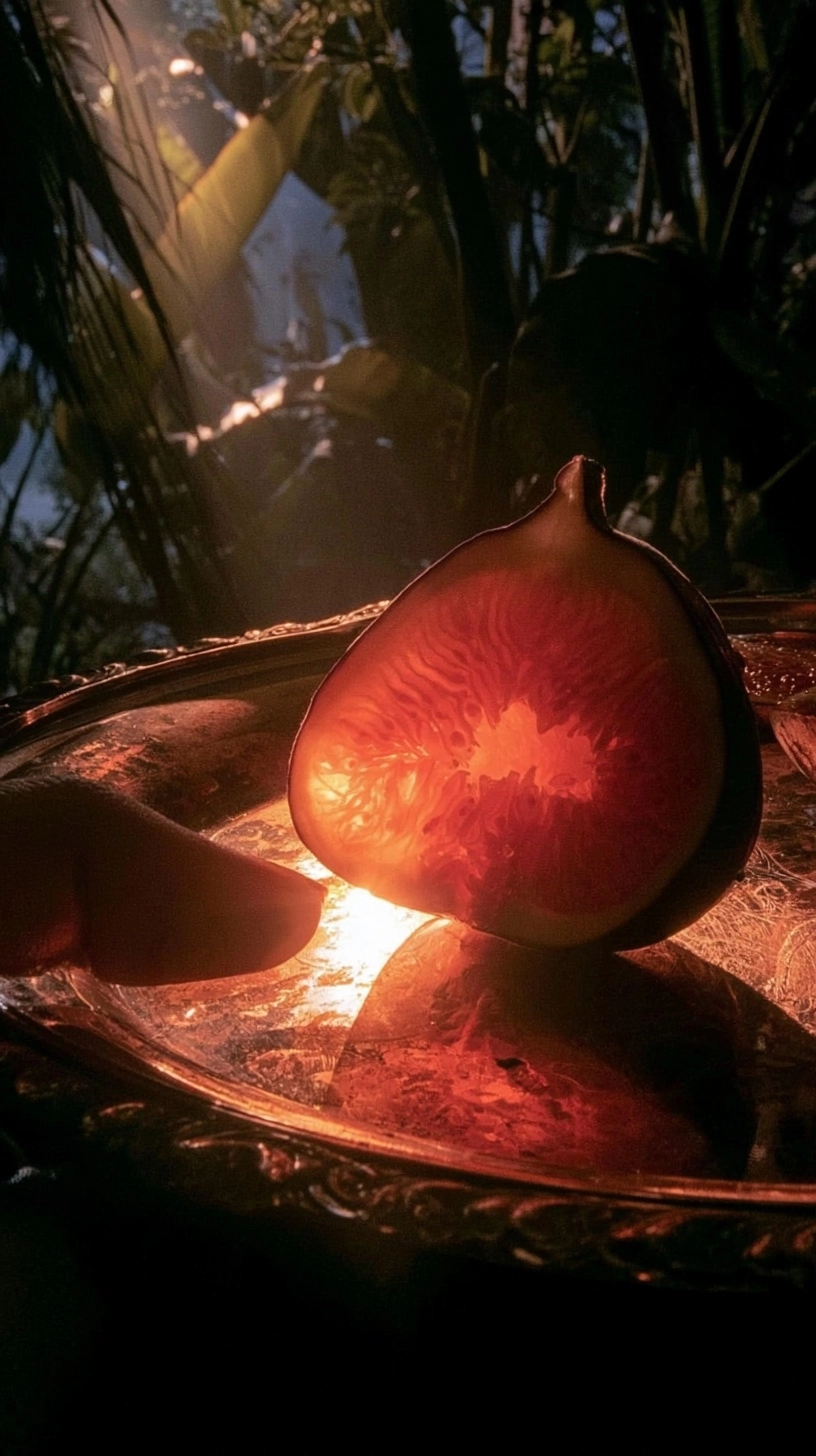 A close-up of a sliced fig glowing with warm orange light on a silver tray.