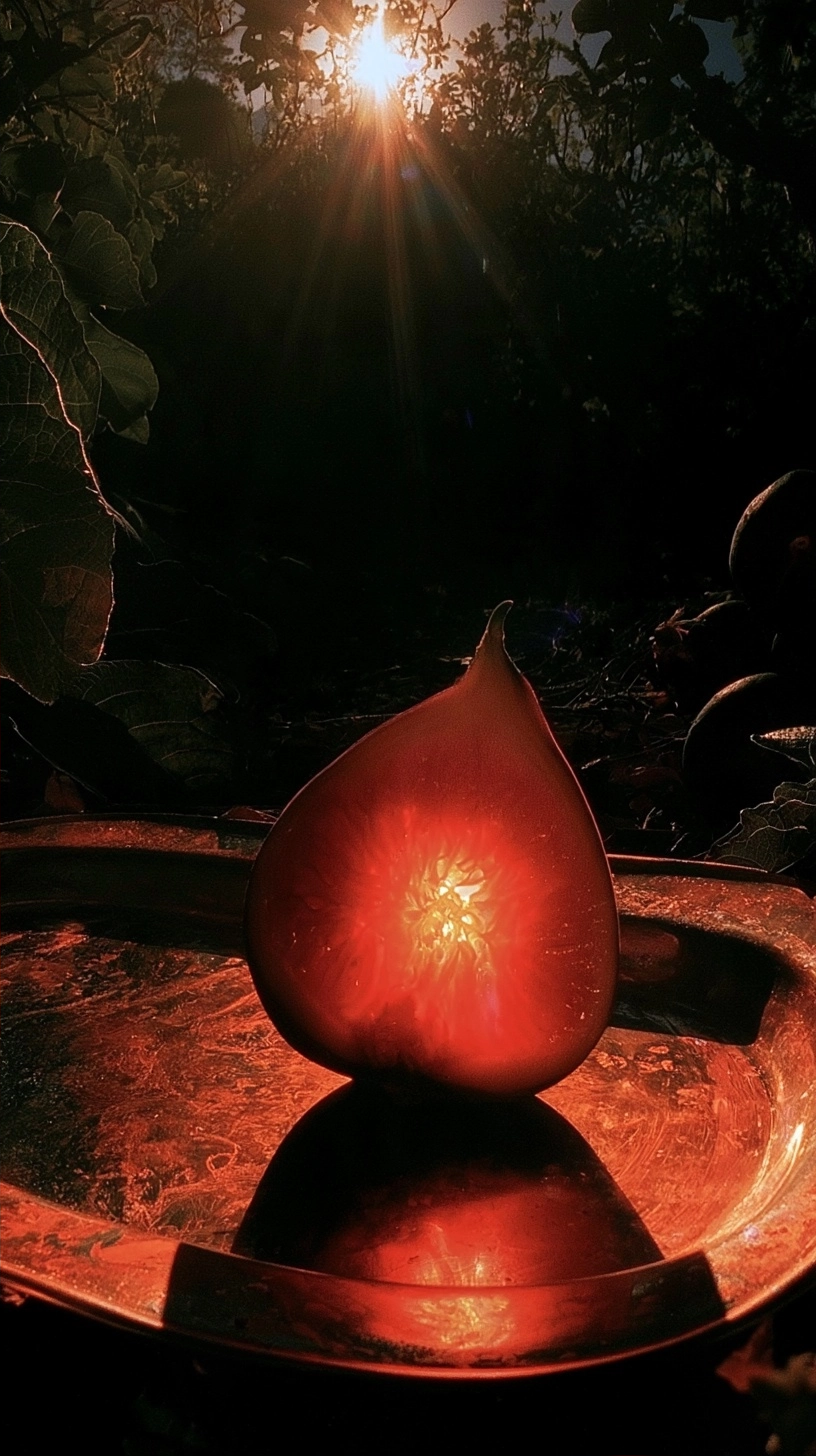 A glowing halved red fruit resting on a reflective metal plate in a dark, wooded setting.