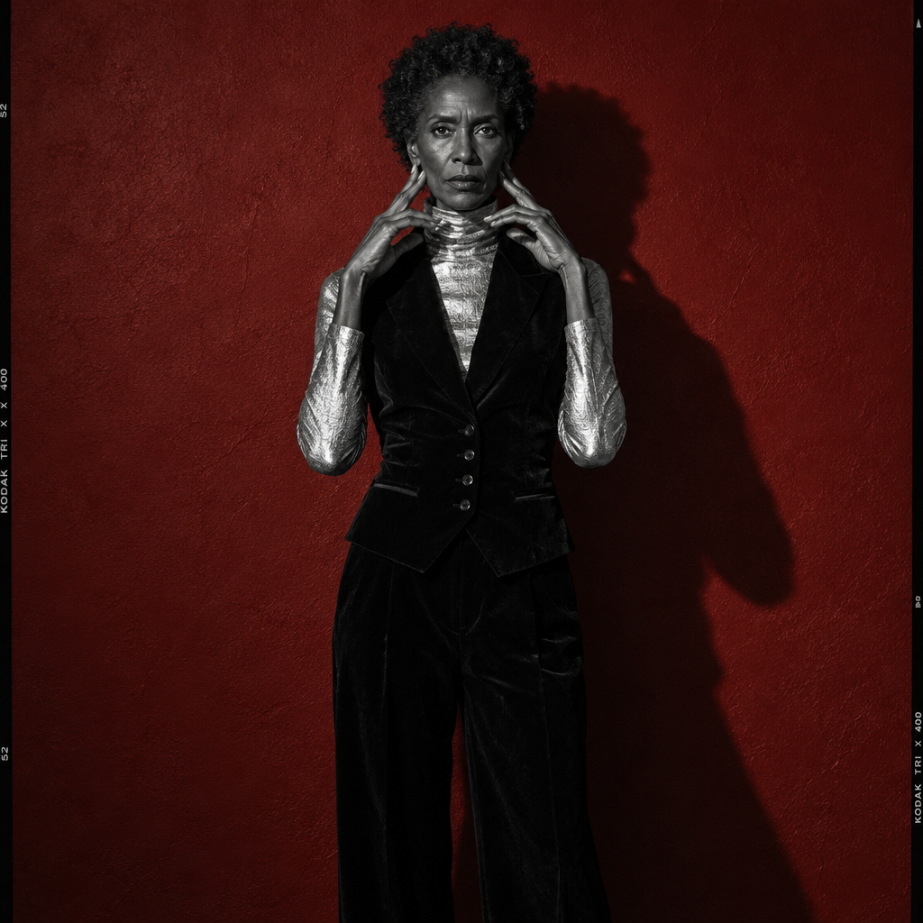 A woman wearing a black velvet suit and shimmering silver turtleneck against a deep red wall.