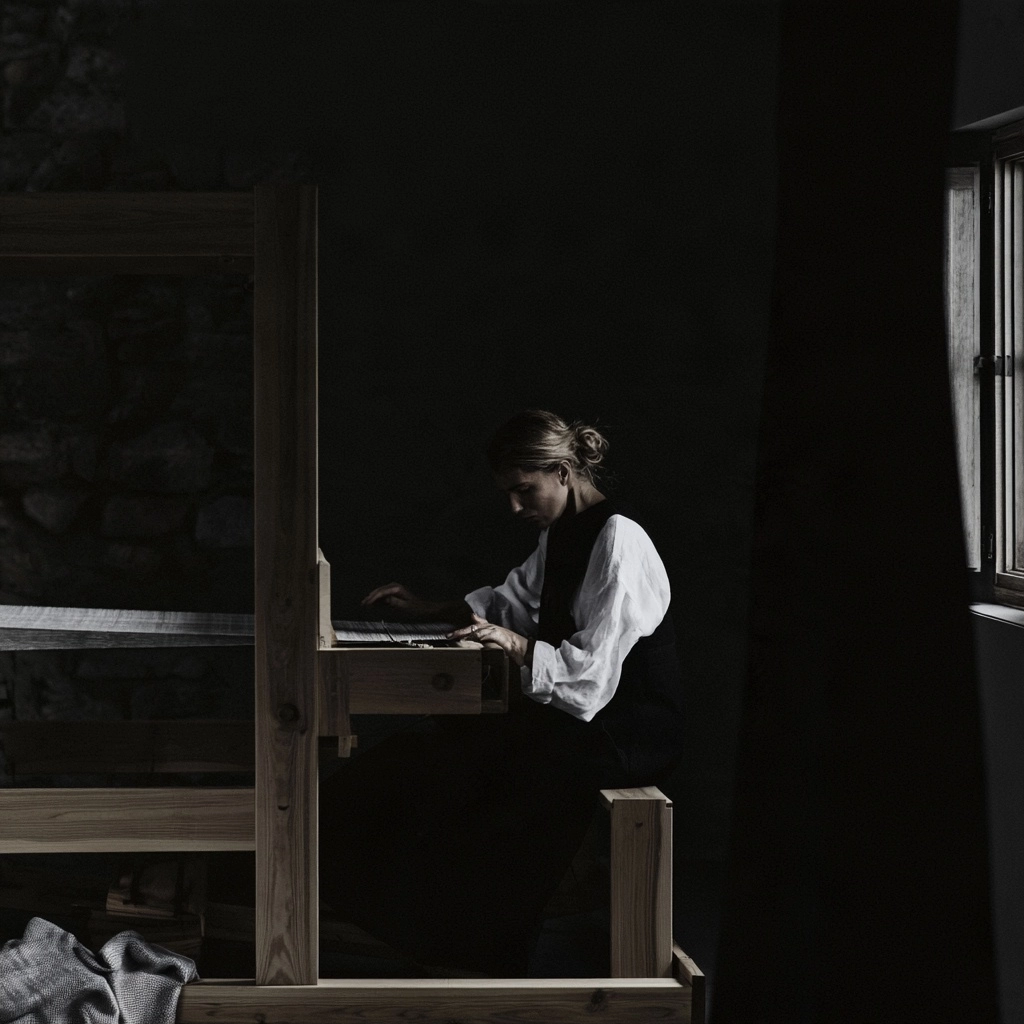 A woman focused on weaving fabric on a large wooden loom in a dark room.