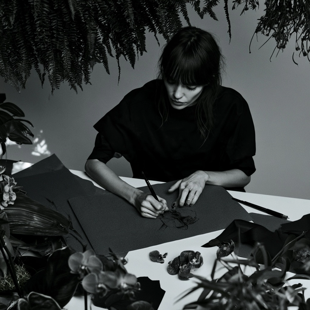 Black and white photo of a woman focused on sketching on dark paper amidst lush leaves.