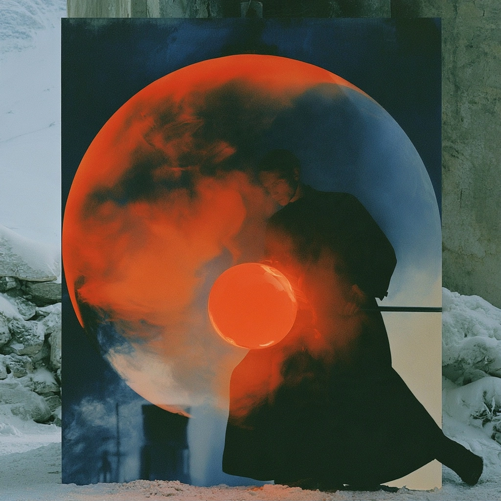 A dark silhouette of a person standing before a massive, glowing orange orb in a snowy environment.