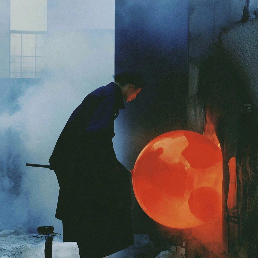 A silhouette of a person standing in thick blue mist next to a large, bright orange glowing orb.