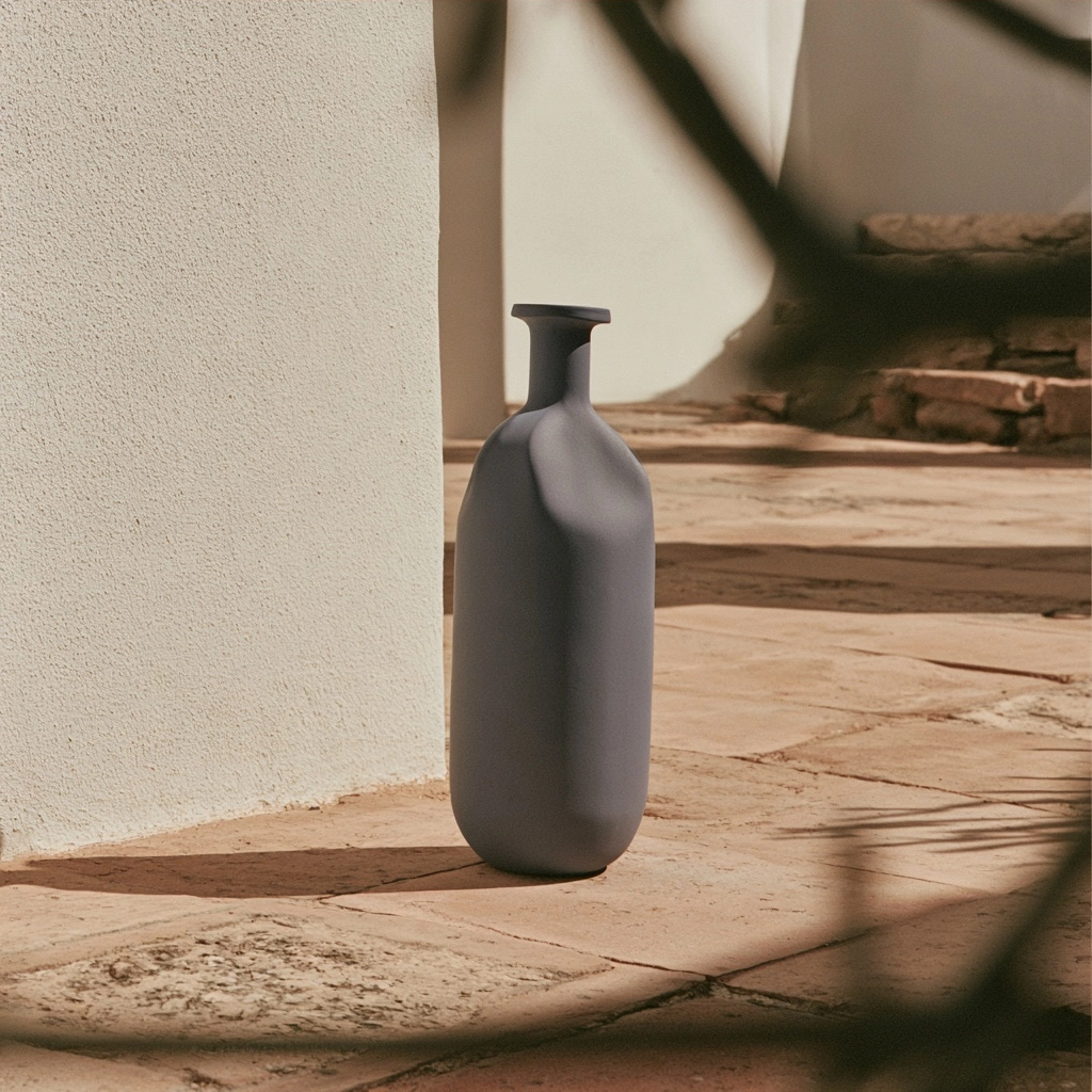 A minimalist grey matte vase placed on a sunlit stone patio next to a white wall.