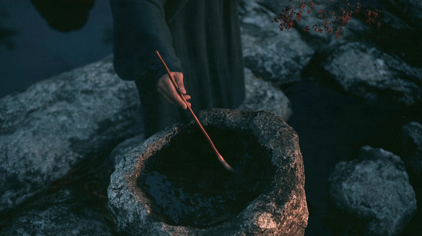 A hand holding a long thin stick dipping into a dark liquid inside a stone bowl.