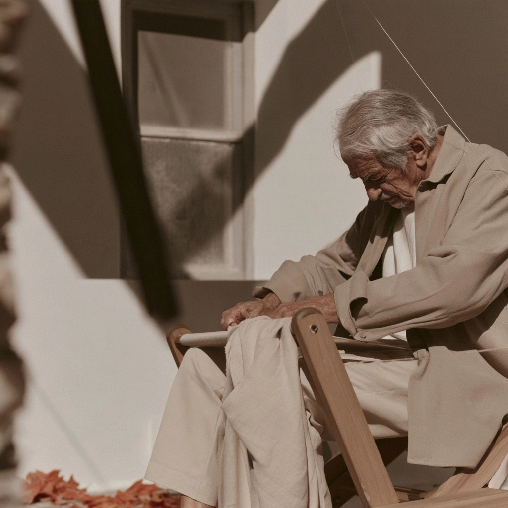 Side profile of an elderly man sitting calmly in a wooden chair under soft sunlight.