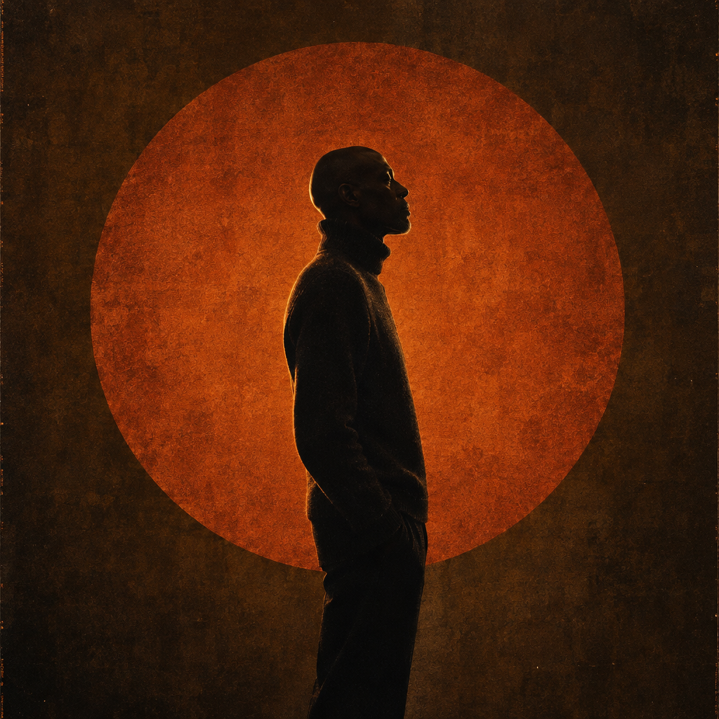 Silhouette of a man in profile against a large textured orange sun-like circle.