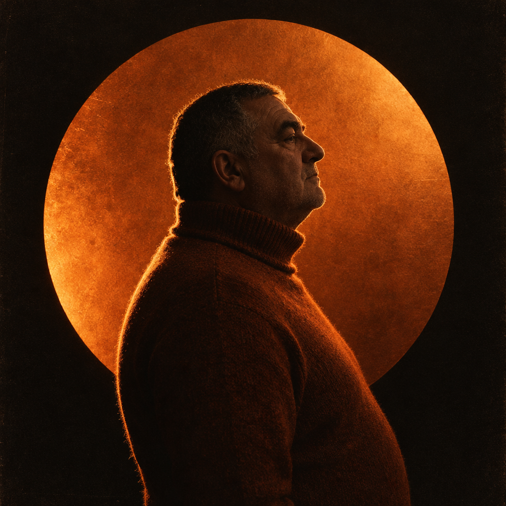 Side profile of a man in a sweater silhouetted against a large orange sun-like disc.