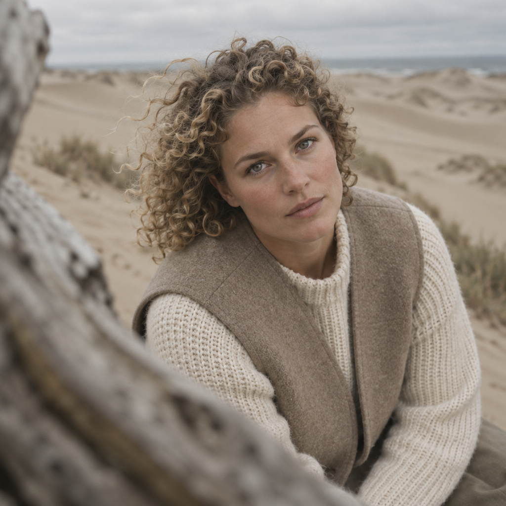 Portrait of a woman with curly hair wearing a white knit sweater and brown vest in a sandy desert.