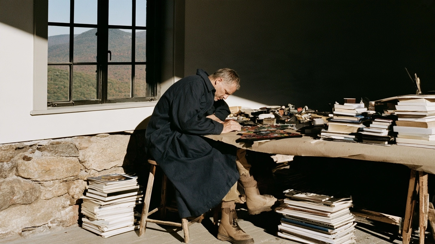 A man in a navy coat sits at a large table covered in books and papers near a window.