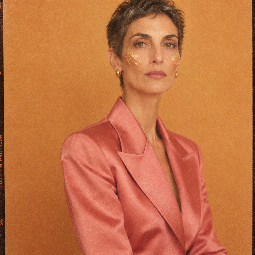 Portrait of a woman with gold facial accents wearing a pink satin blazer.
