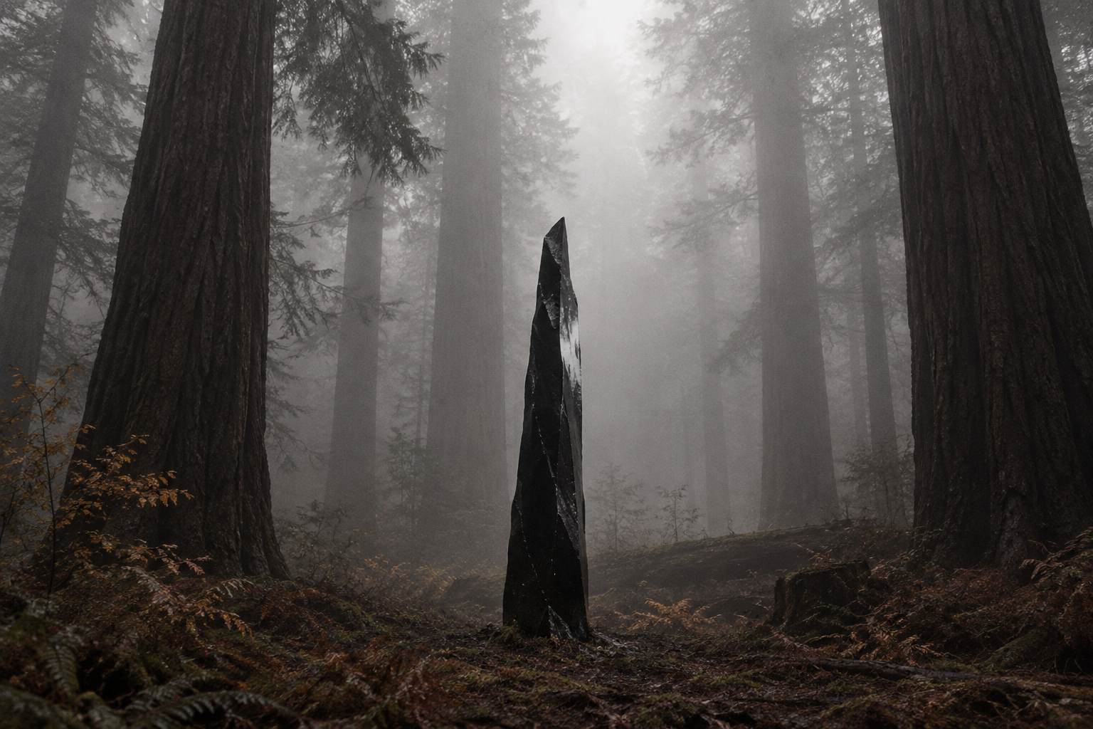 A sharp black stone monolith rising from the forest floor amidst foggy redwood trees.