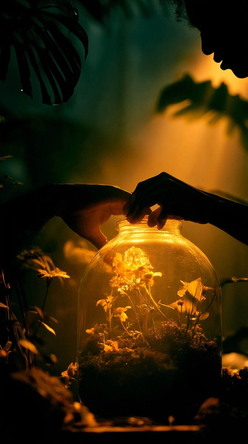 Silhouetted hands reaching toward a luminous glass terrarium containing small plants in a dark environment.