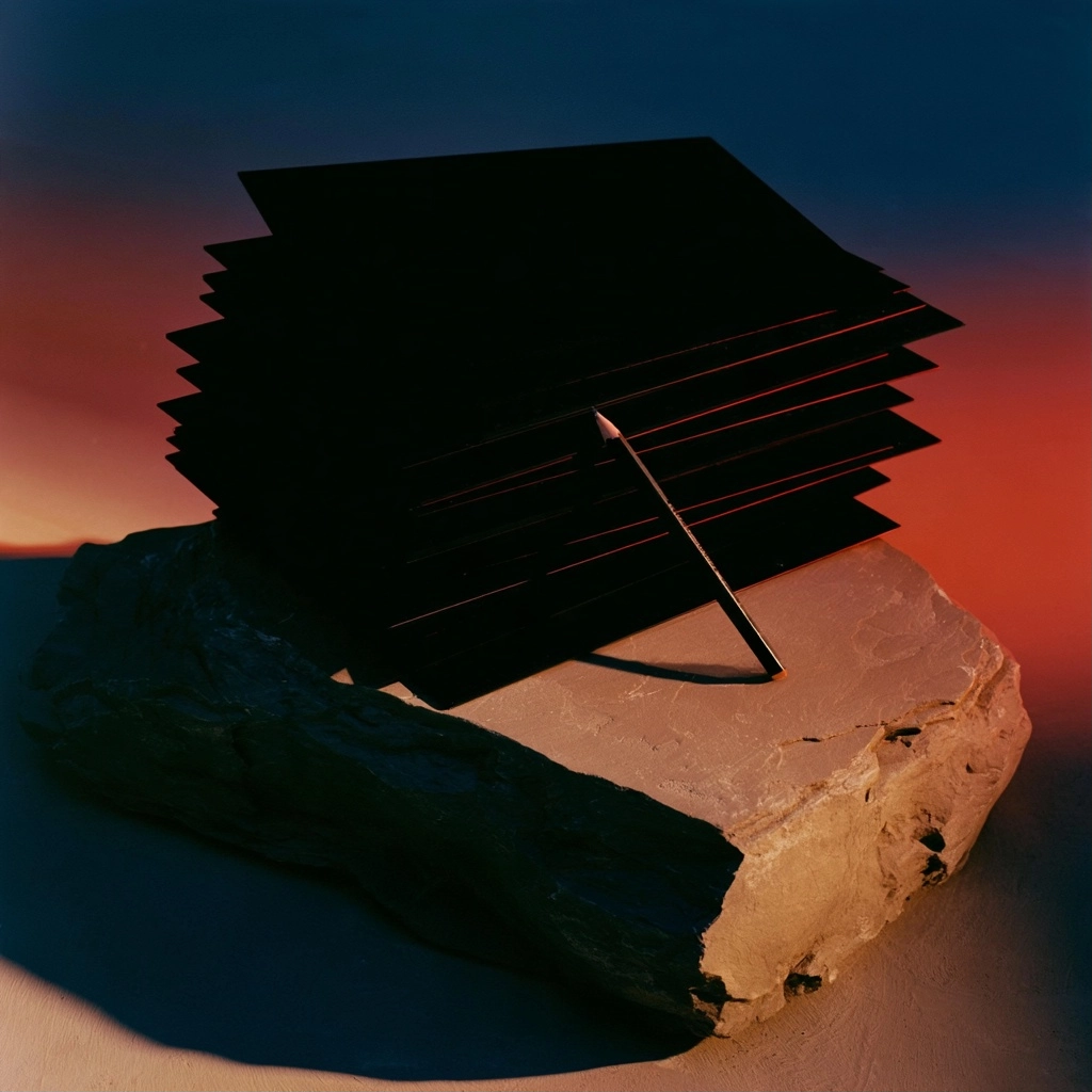 A stack of thin black geometric plates balanced on a textured beige rock under a dual-tone sky.