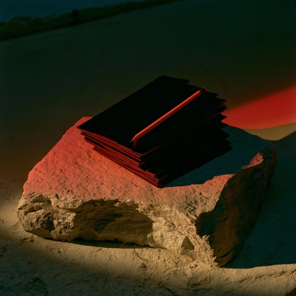 A stack of black cards resting on a textured beige rock illuminated by a red light glow.