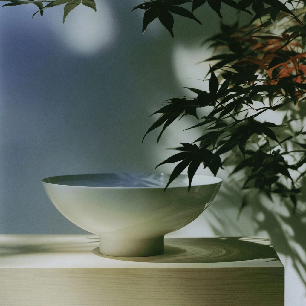 A minimalist white ceramic bowl on a pedestal with soft shadows from maple leaves.