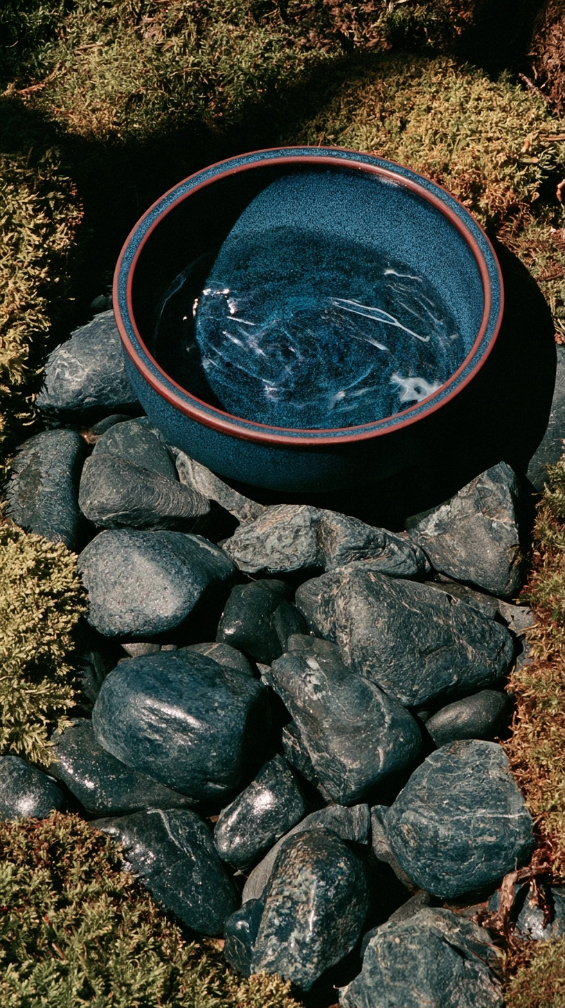 A blue glazed bowl containing clear water placed on dark pebbles surrounded by mossy ground.