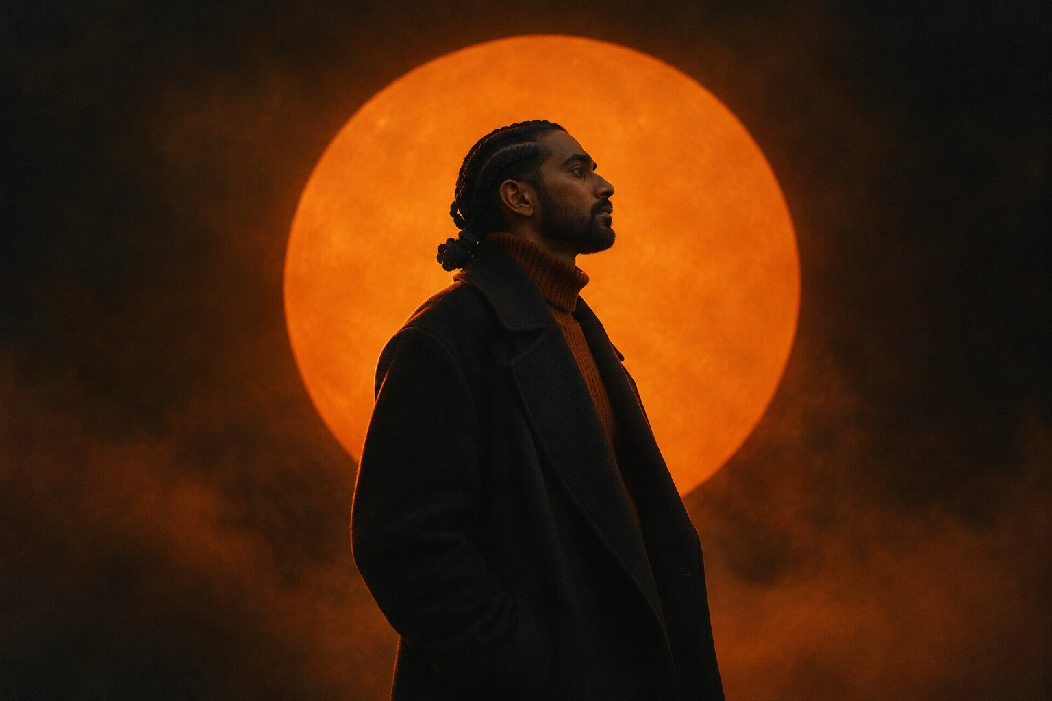 Profile silhouette of a man with braids against a massive glowing orange celestial body.