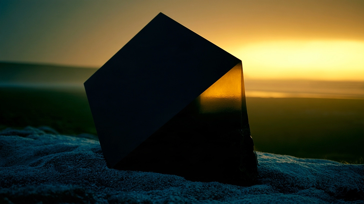 A dark, angular geometric shape silhouetted against a bright orange sunset over a distant landscape.