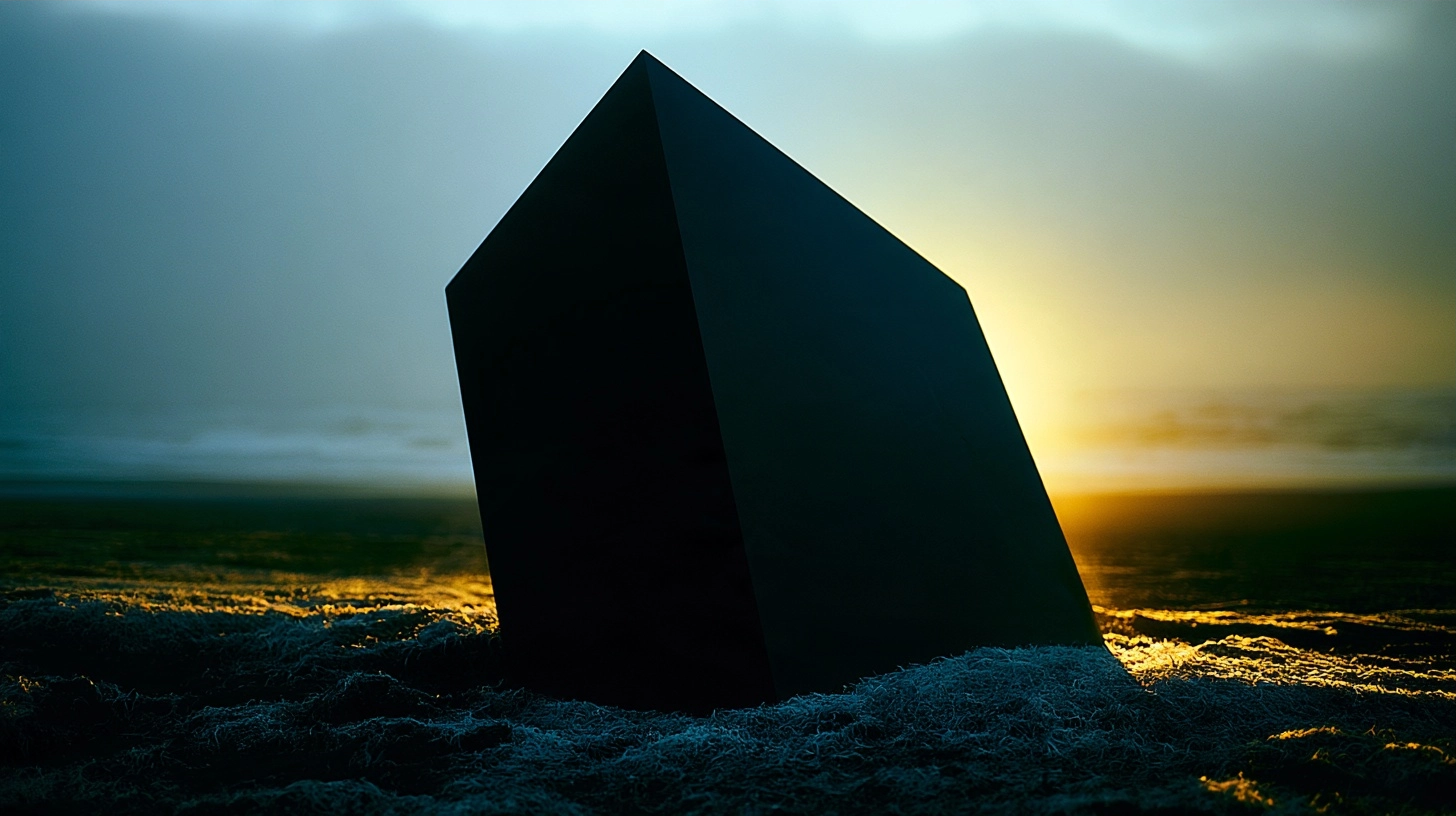 A dark geometric shape silhouetted against a bright sunset on a coastal beach.
