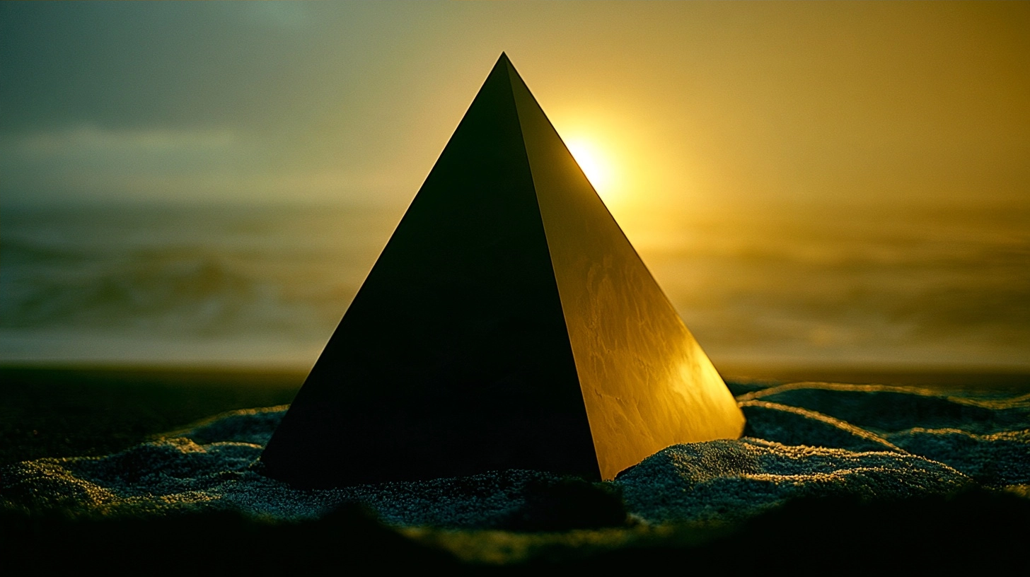 A dark geometric pyramid silhouette on a sandy shore against a bright setting sun.