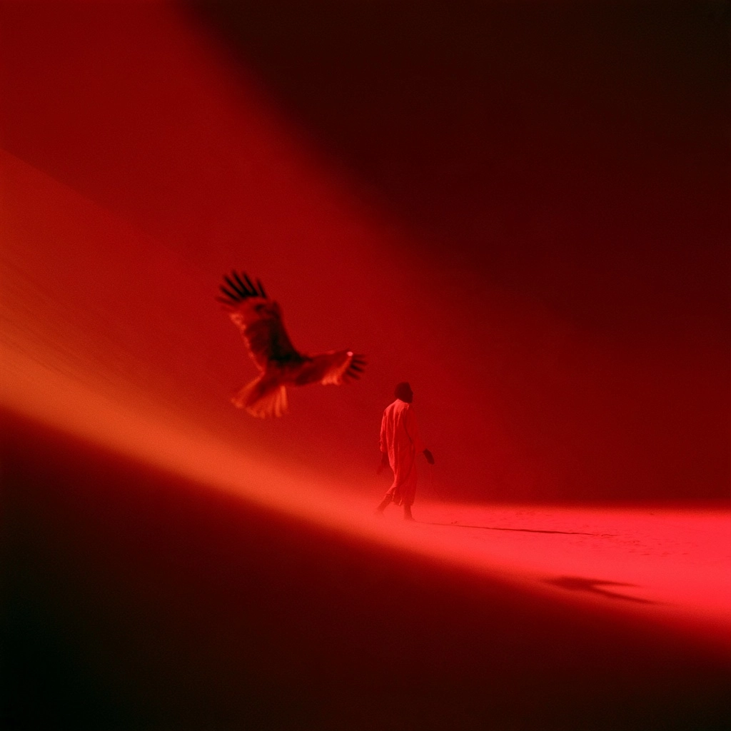 A person's silhouette facing a large bird flying through a deep red atmospheric light.