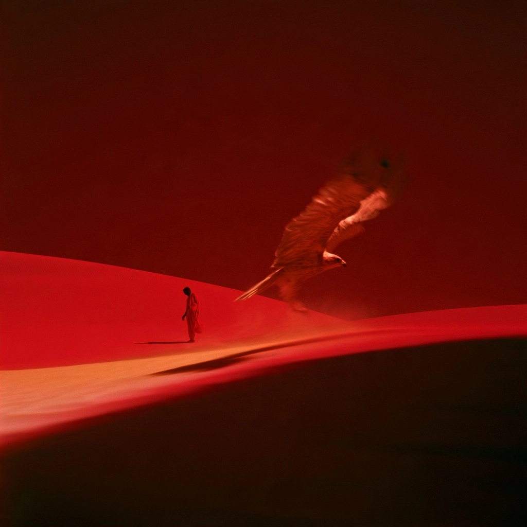 A small person in red walking on red sand dunes with a large bird flying overhead in a red atmosphere.