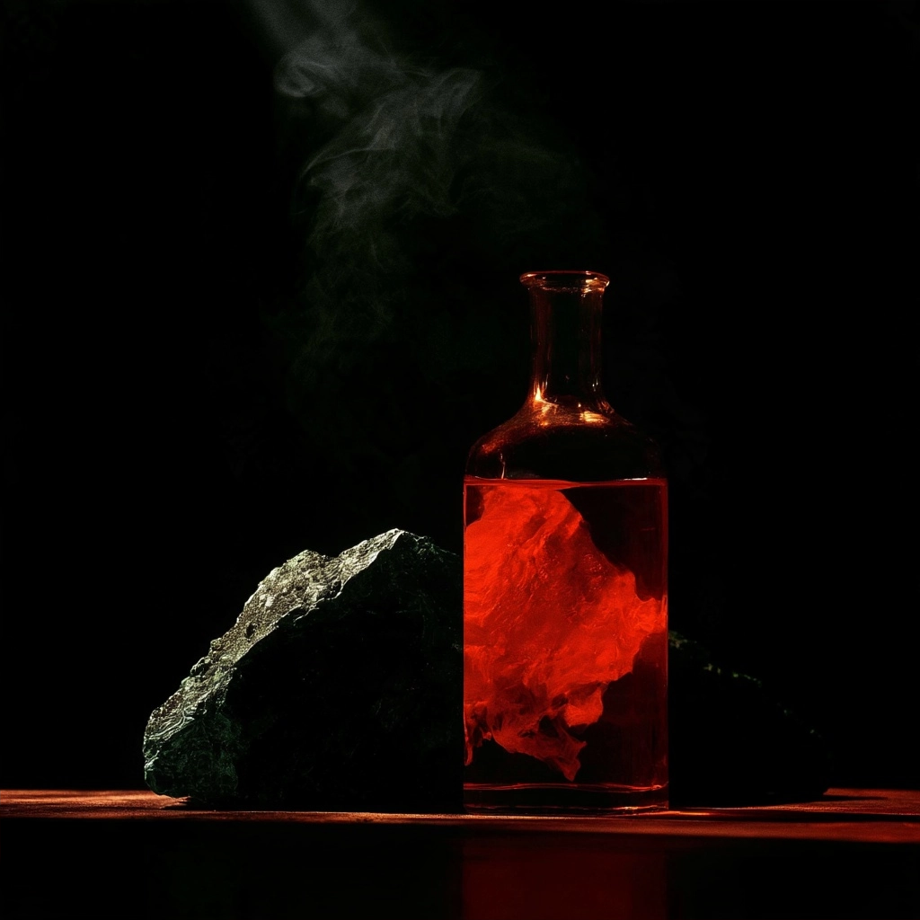 A glowing red liquid inside a glass bottle emitting wisps of smoke next to a dark stone.