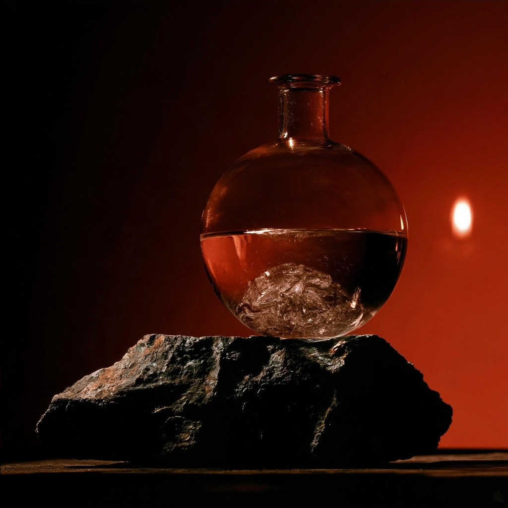 A spherical glass flask containing bubbling liquid resting on a dark stone under red lighting.
