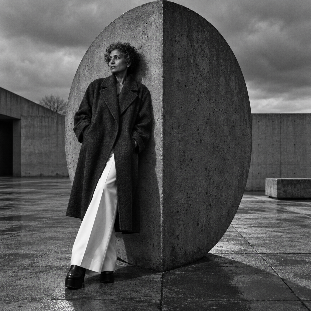 Black and white portrait of a woman leaning against a massive concrete disc in an open courtyard.