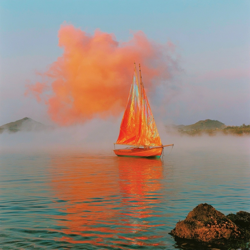 A small sailboat with glowing orange sails moving through misty water near a large orange smoke cloud.