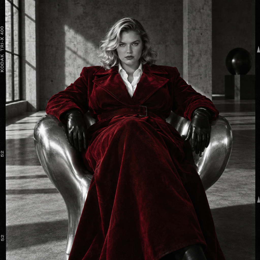 A woman wearing a luxurious red velvet coat sitting in a sculptural silver chair.