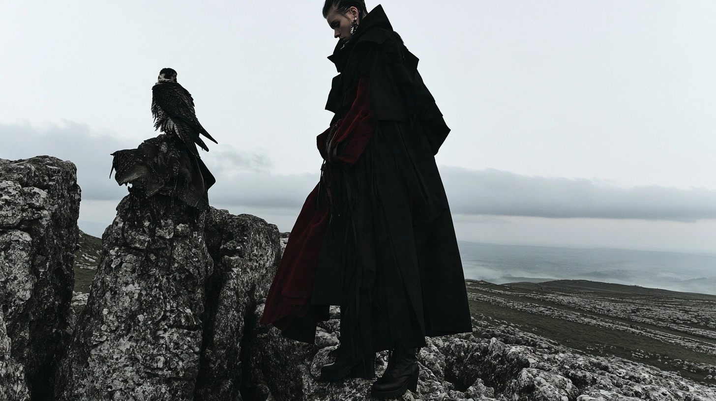 A person wearing a flowing black and red garment stands near a bird perched on a jagged rock formation.