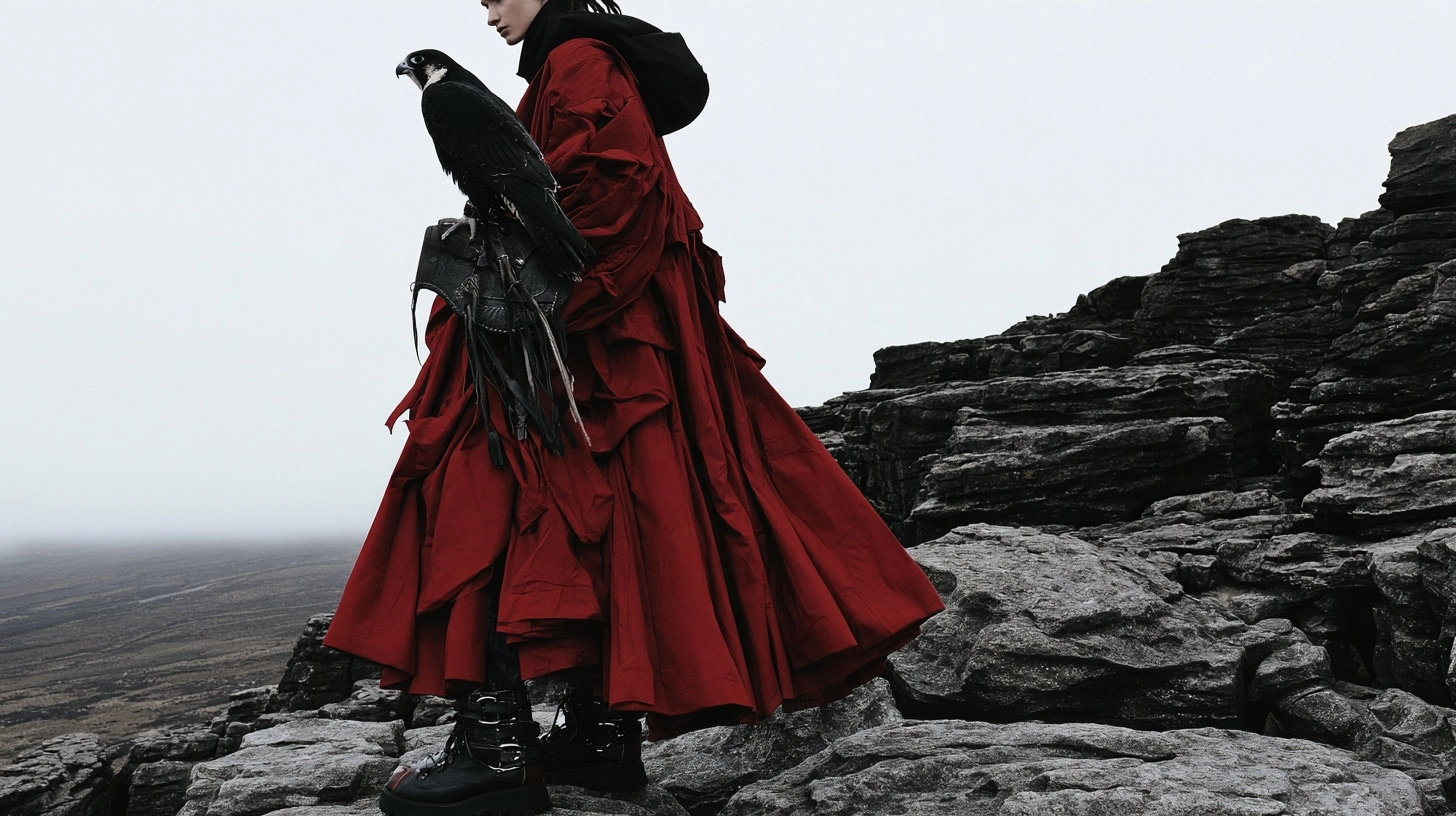 A person wearing a flowing red gown holding a large black bird on a rocky cliffside.