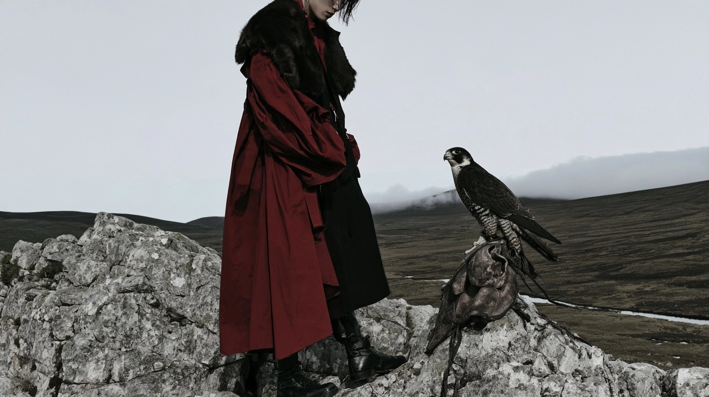 A person wearing a flowing red coat standing on rocks with a falcon perched nearby.
