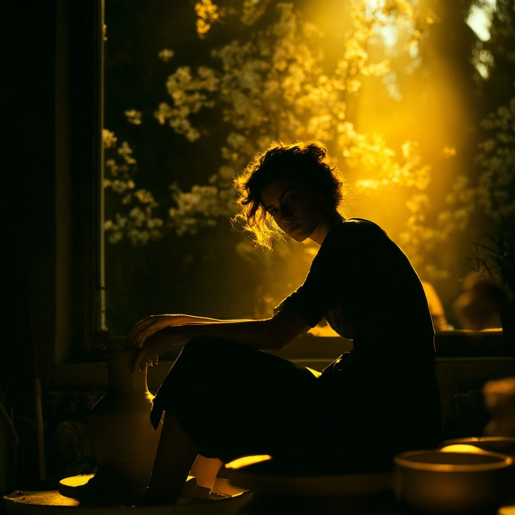 Silhouette of a woman sitting near a window with warm sunlight streaming through trees.