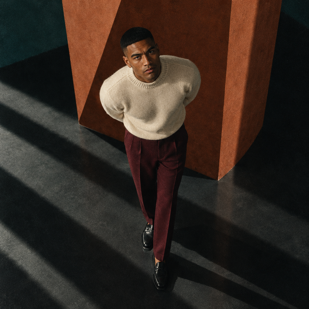 High angle shot of a man wearing a white knit sweater and dark red trousers.