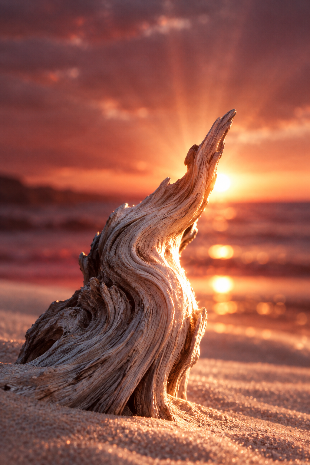 Weathered piece of driftwood on a sandy beach illuminated by the golden rays of a setting sun.