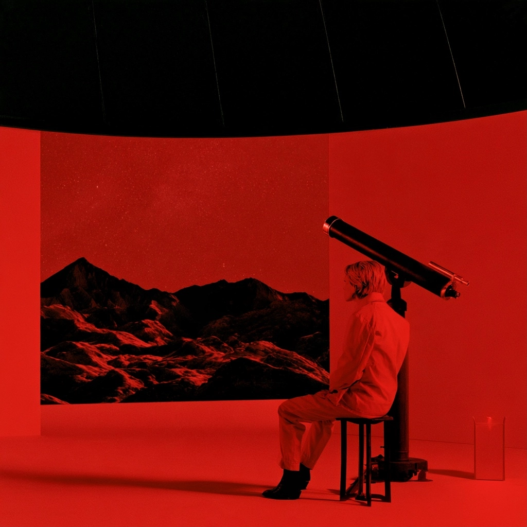 A person sitting on a stool next to a large telescope looking towards a dark mountain range under a red sky.