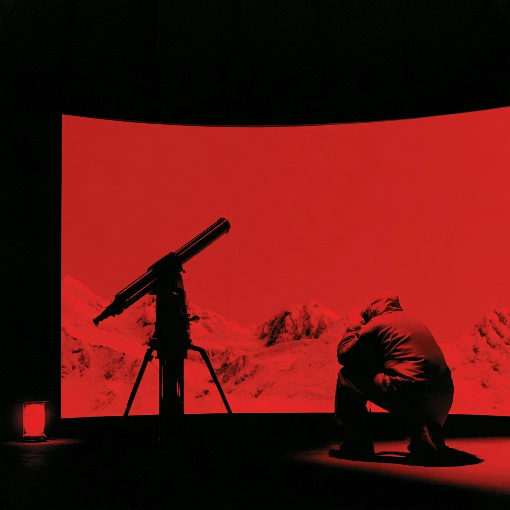 Silhouette of a person and a telescope against a large glowing red mountain landscape screen.