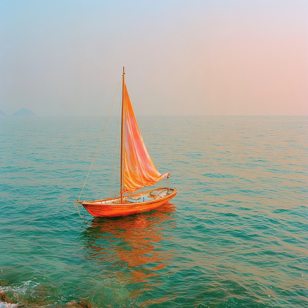 A single orange sailboat drifting on a vast, calm turquoise ocean during sunset.