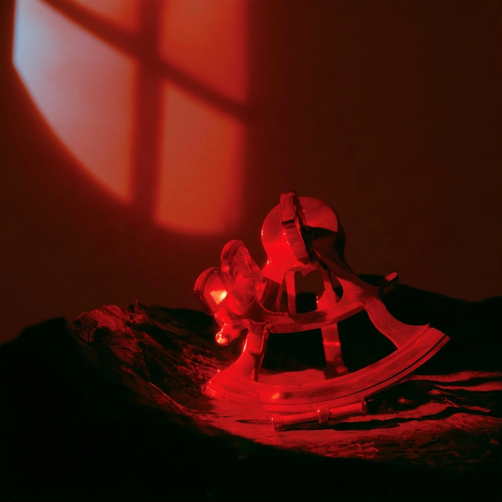 A metallic sculpture illuminated by intense red light against a dark background with a circular shadow.