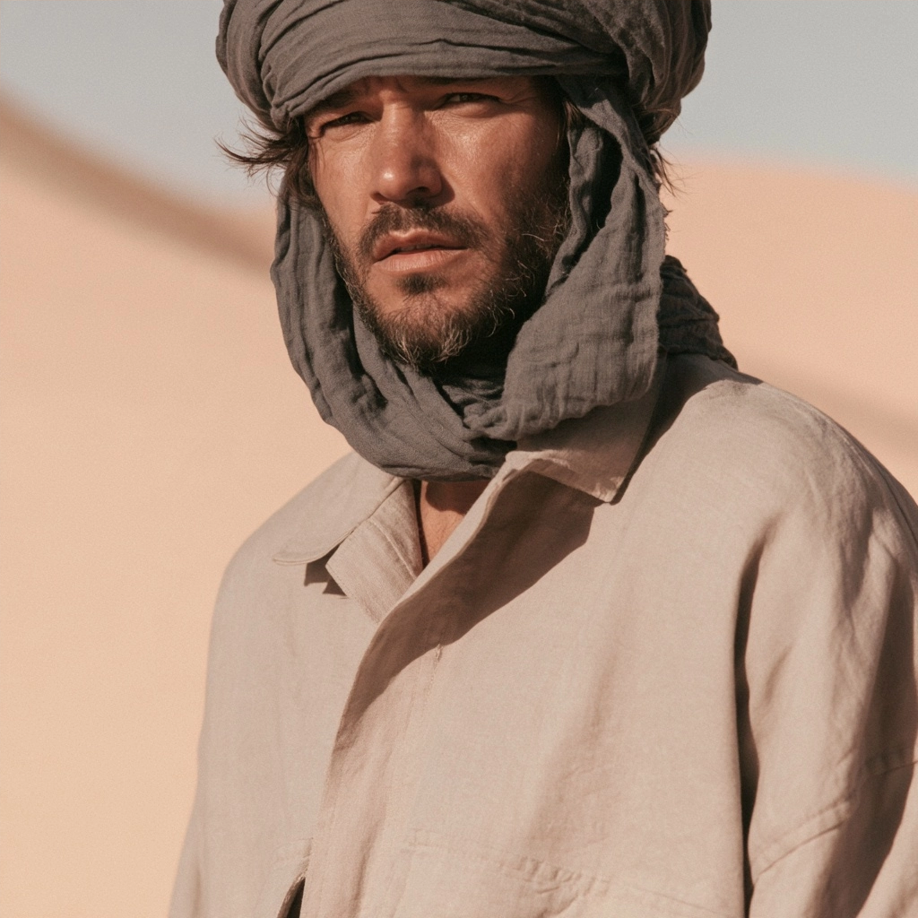 Close-up portrait of a bearded man wearing a grey turban in a sandy desert environment.
