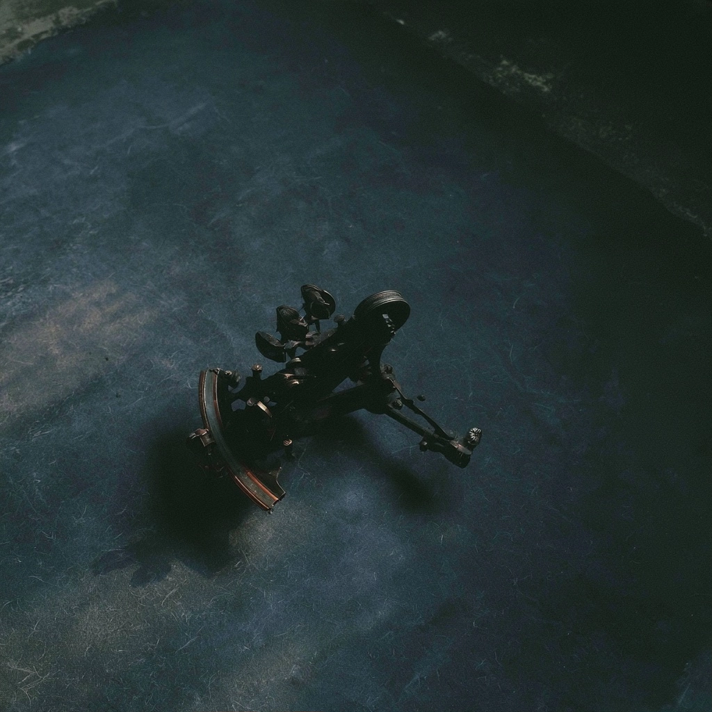 A dark antique mechanical component resting on a textured blue floor.
