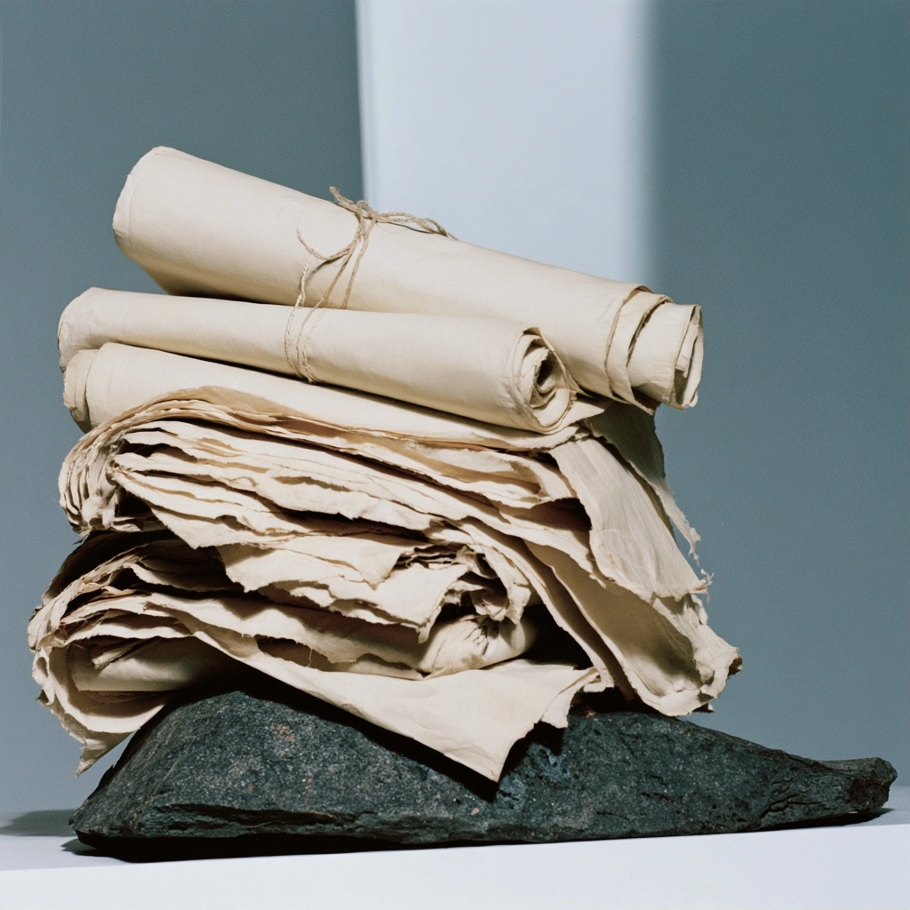 A pile of old, weathered parchment scrolls and crumpled papers stacked on a dark rock.