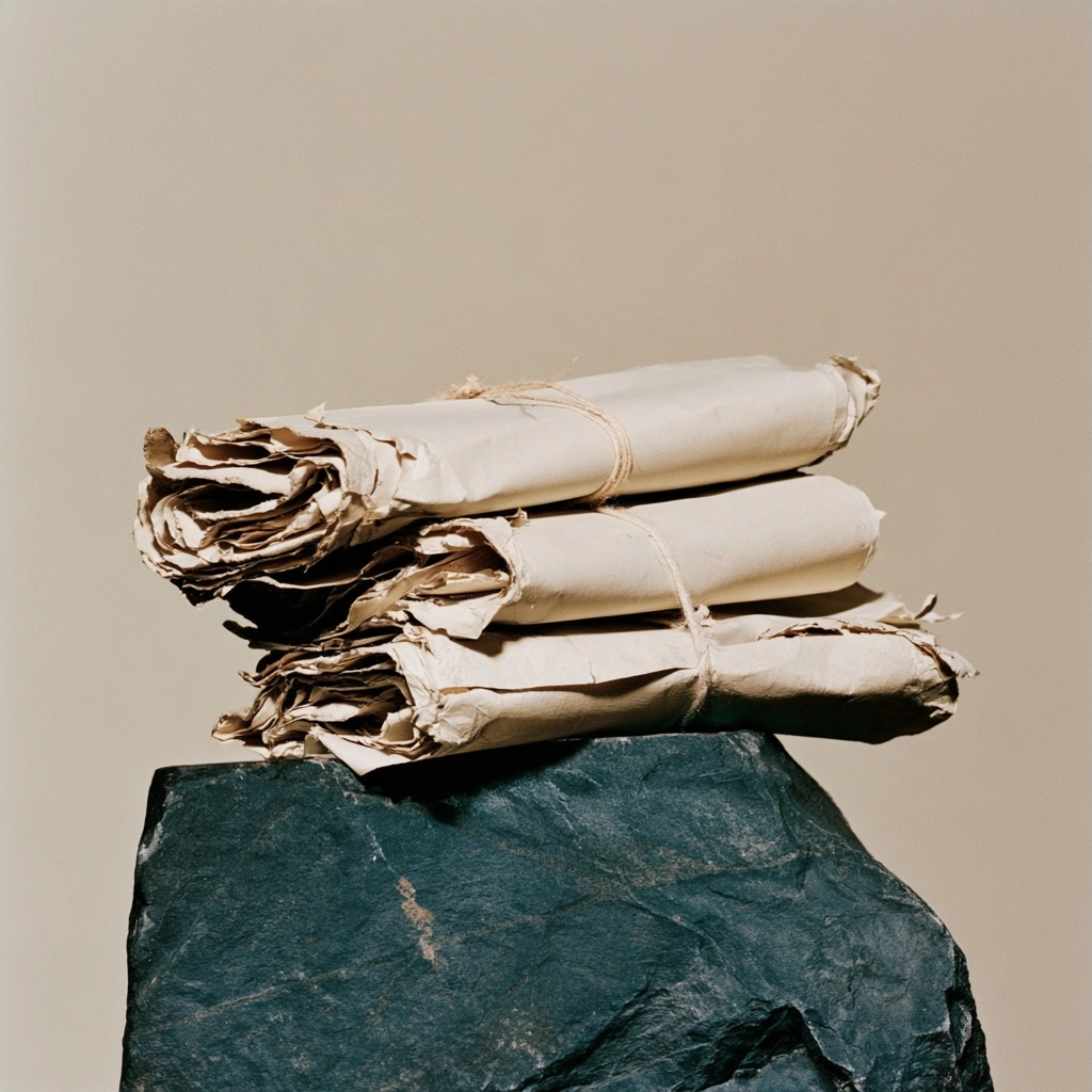 Three weathered, rolled paper scrolls tied with twine stacked on a large dark stone.