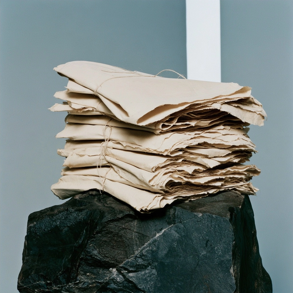 A pile of weathered, cream-colored paper sheets resting on a large dark stone.