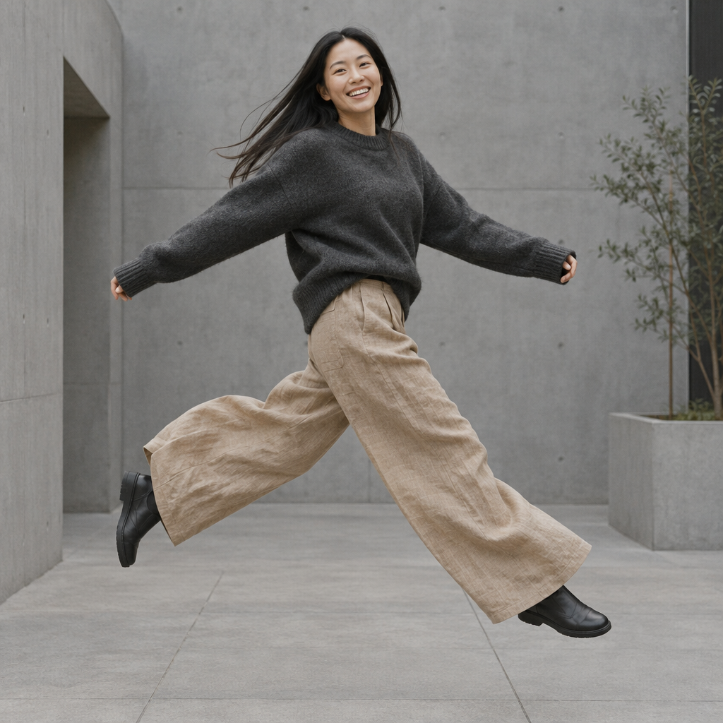 A happy woman jumping in the air wearing a charcoal sweater and beige wide-leg pants.