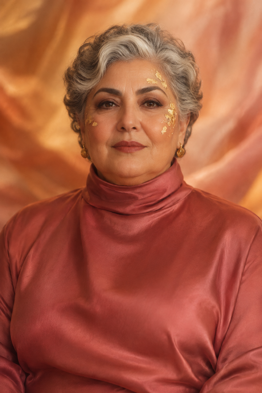 Portrait of an elegant older woman with grey hair and gold leaf makeup on her cheeks.